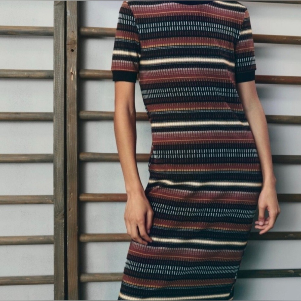 Zara Jacquard Knit Midi Dress Striped Multicolor Bodycon Size M - Picture 9 of 10